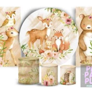 MEGA KIT  - PANEL REDONDO, PANELES LATERALES Y FUNDA PARA MESAS - ANIMALES DEL BOSQUE