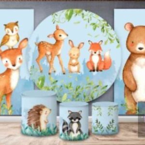 MEGA KIT  - PANEL REDONDO, PANELES LATERALES Y FUNDA PARA MESAS - ANIMALES DEL BOSQUE