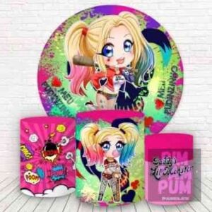 KIT PANEL REDONDO Y TRIO DE FUNDAS - ARLEQUINA - HARLEY QUINN