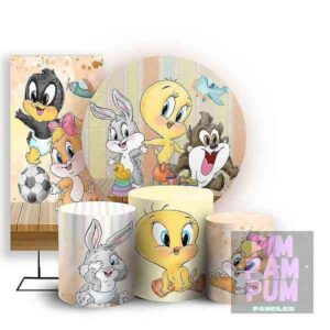 Kit de Panel Redondo, Panel Lateral y Fundas para Mesas de Baby Looney Tunes