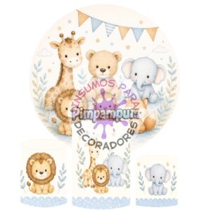 Panel redondo y trío de fundas para mesas Safari Baby Shower
